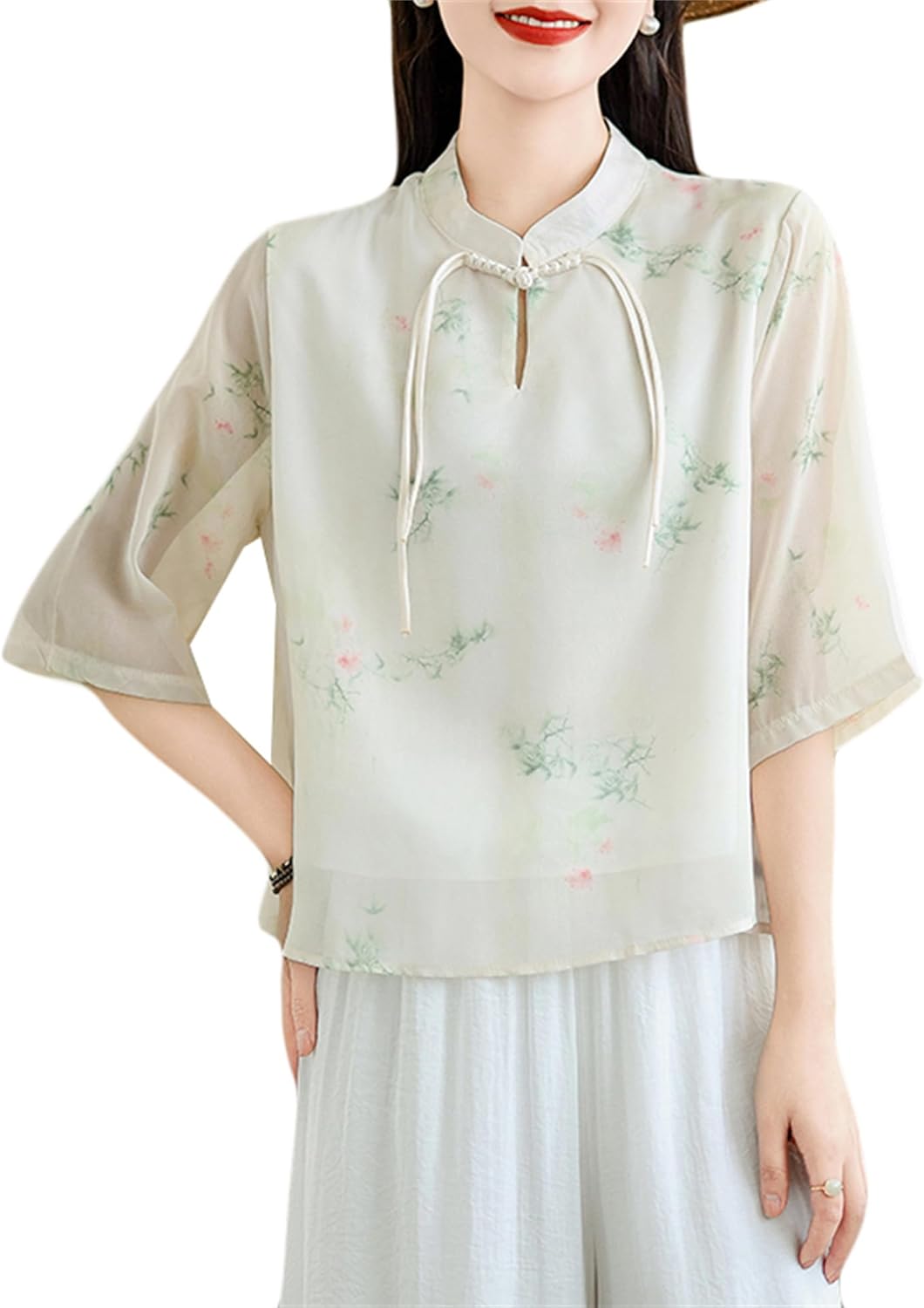 瀬戸ものプルオーバー レディース トップ 半袖プルオーバー シフォン 花柄 シアー トップス 夏 薄っぺら 厚地の外套 気が大きい大きさ ゆったり 瀬戸もの名取り草 漢服 茶道服 五分袖 胸食い違い