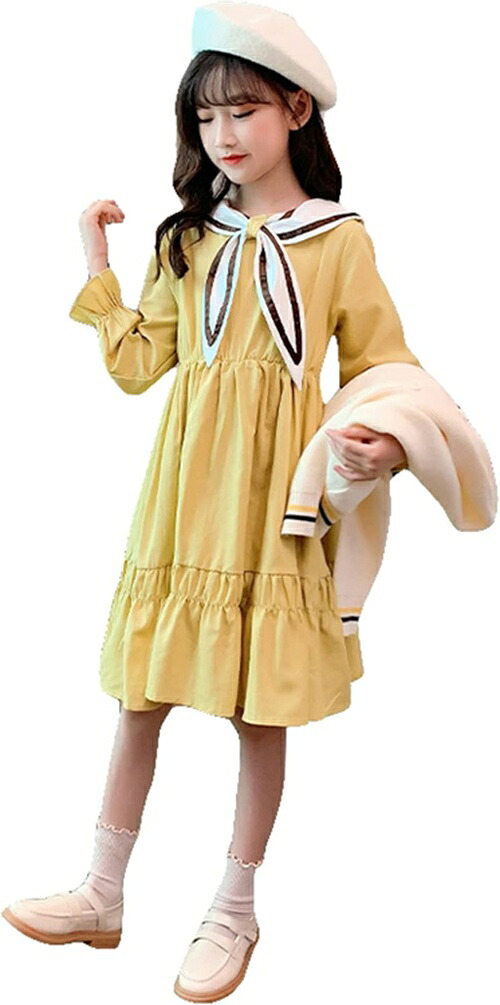 子供服 女の子 ワンピース キッズ 秋 長袖 ドレス プリンセス 無地 チュニック フレアワンピース イエロー かわいい スカート 膝丈 ガールズワンピース おしゃれ 120 夏服 ベビー服 韓国 ロ