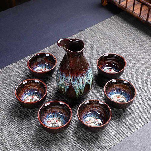 7点セット 酒器セット ぐい呑み おちょこ とっくり セット 陶磁器製 和酒徳利セット 徳利+お猪口6個 絵柄 おしゃれ シンプル 日本酒用 和食器 結婚記念日 贈物 ギフト 晩酌 引っ越し祝