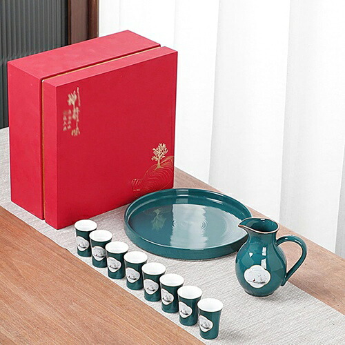 10点セット 徳利*1 盃*8 トレー付き 酒器セット 絵柄 お洒落 エレガント 上品 おちょこ とっくり ぐい呑み 持ち手付き 蓋付き ギフトボックス付き 陶器 日本酒用 宴会 業務用 結婚祝い プ