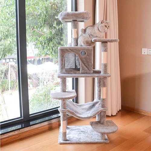 キャットタワー スリム 据え置き 多頭飼い 猫タワー 猫ハウス 爪研ぎポール 隠れ家 55*45*140 見晴台付き 滑り止め 大型猫 子猫 おしゃれ 登りやすい 多機能 安定 グレー 運動不足解消|Libre777