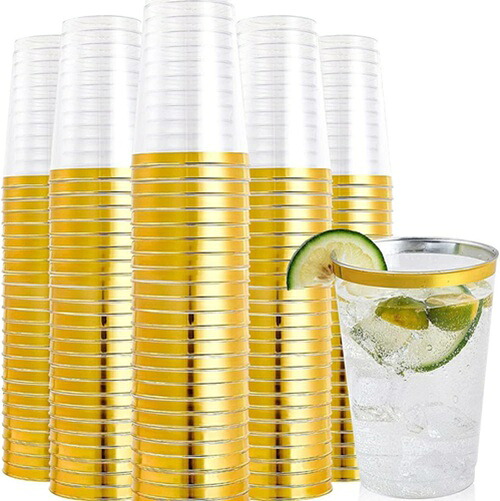 ゴールドプラスチックカップ 西洋料理 カップ アイスクリームカップ 透明プラスチックカップ 12オンス 100個 (ゴールデン*100)