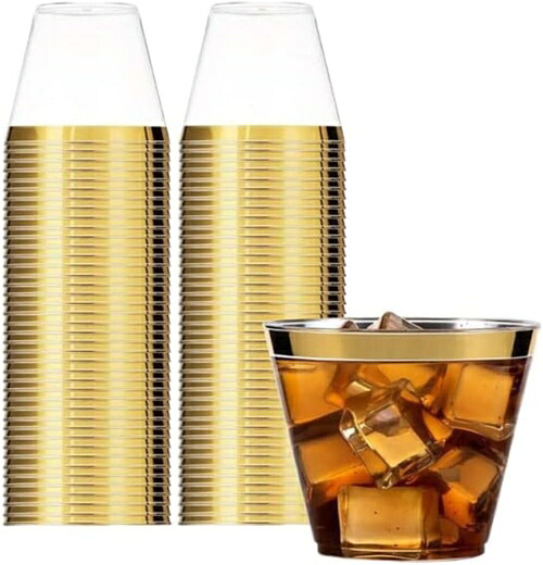 プラスチッ インカップ 西洋料理 アイスクリーム 9オンス 透明カップ 50個/100個使い捨てハード プラスチックワインカップ カクテル パーティーパーティー (ゴールデン 100個)