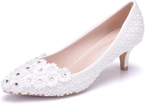 ビジュー 花柄 26.5cm パーティーシューズ ホワイト ポインテッドトゥ ピンヒール パンプス フォーマル 結婚式 ローヒール 白 靴 レディース 花嫁 ウェディング 大きいサイズ 20代 30代 9,329円