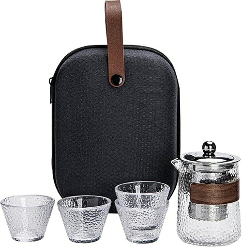茶器セット ティーセット急須 湯呑セット ティーポット 耐熱ガラス 湯呑 茶器セット 茶芸 茶器 茶皿 茶器乾燥ティートレー カンフー茶 茶具セッ 携帯式 軽量 お出かけ用茶器セット 収納バッグ付き｜Libre777