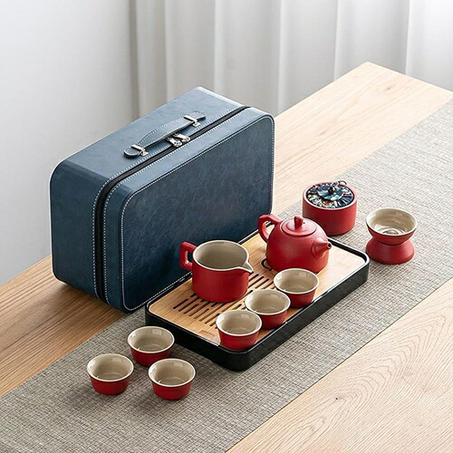陶器製ティーセット 番茶器セット 急須 湯呑みセット 茶器揃 陶磁茶具セット 茶器 茶皿 旅行ティーセット 携帯式 軽量 ティーポット&カップセット 旅行用 お出かけ用 自宅用 高級 おしゃれ キャリ｜Libre777
