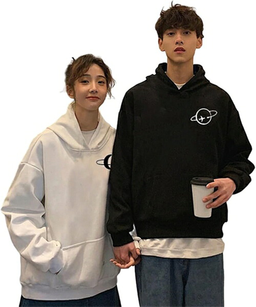 ペアルックパーカー カップル レディース パーカー 長袖 秋 冬 お揃い コーデ メンズ トレーナー ゆったり カジュアル 大きいサイズ 男女兼用 可愛い 月 S L LL 3L 黒 白 裏起毛有り
