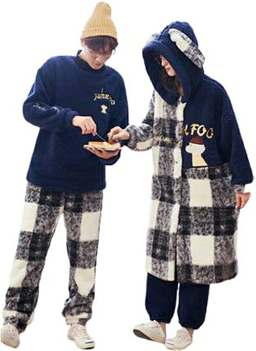 ジュタオピン ペア パジャマ カップル 冬 メンズ 上下 セット レディース ルームウェア モコモコ 長袖 部屋着 おそろい 寝巻き 大きいサイズ m l ll 3l 4l 前開き 紺 ダークグレー