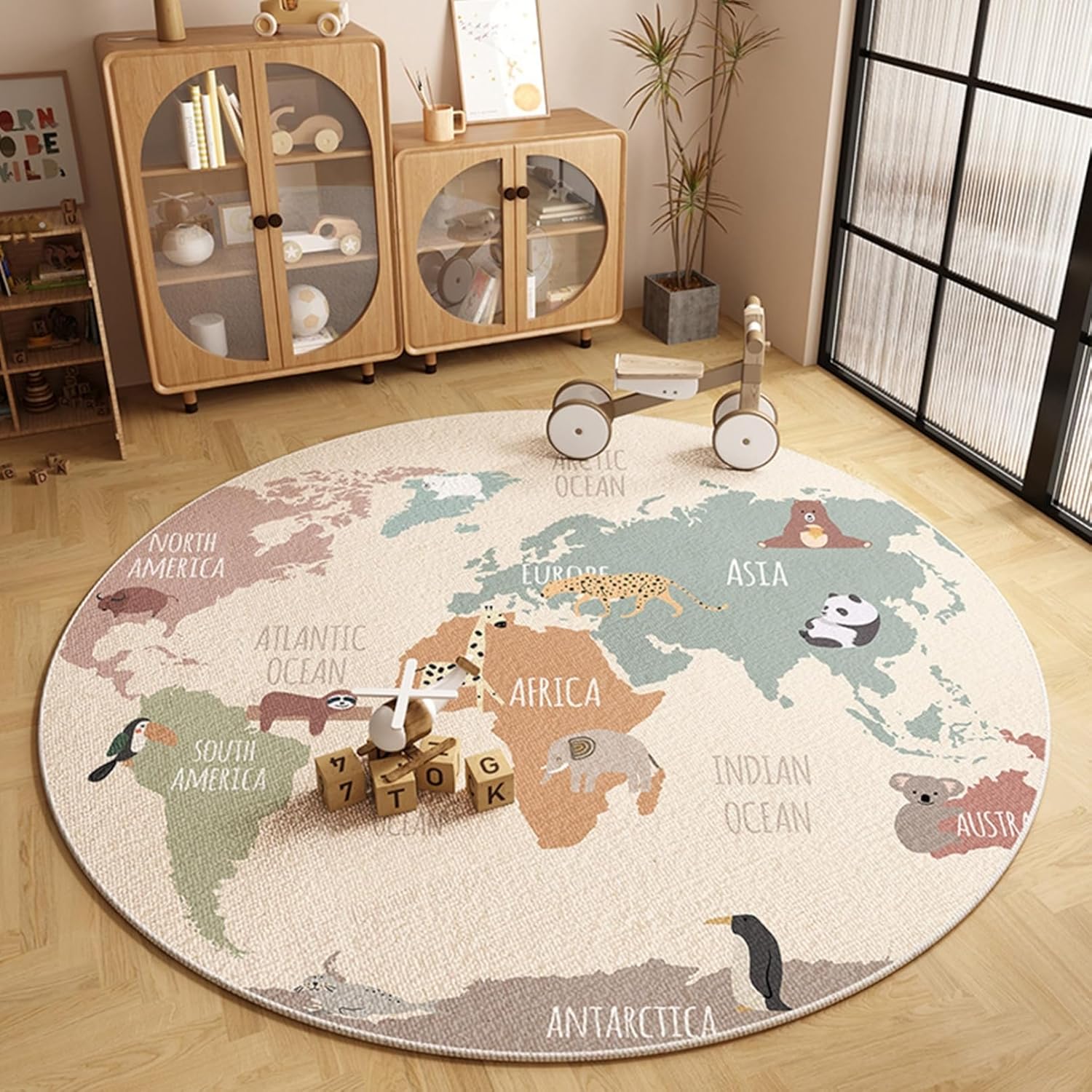大判 カーペット 円形マット 直径80cm プレイマット キッズラグ 遊びマット 地図マップ 防ダニ 防臭防滑 遮音 ずれない 防塵 センターラグ 転倒防止 丸洗いOK 旅館 新築祝い 引越し マイク