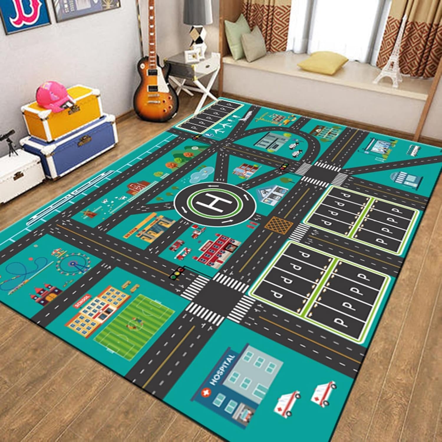 ゲームマット 大判 子供部屋 カーペット 道路柄 ゲーム 線路図柄 遊べる 転倒防止 チェアマット 200*300cm 床保護 防音 ズレない 洗える ペット キズ防止 汚れ防止 防湿 シティー 夏用