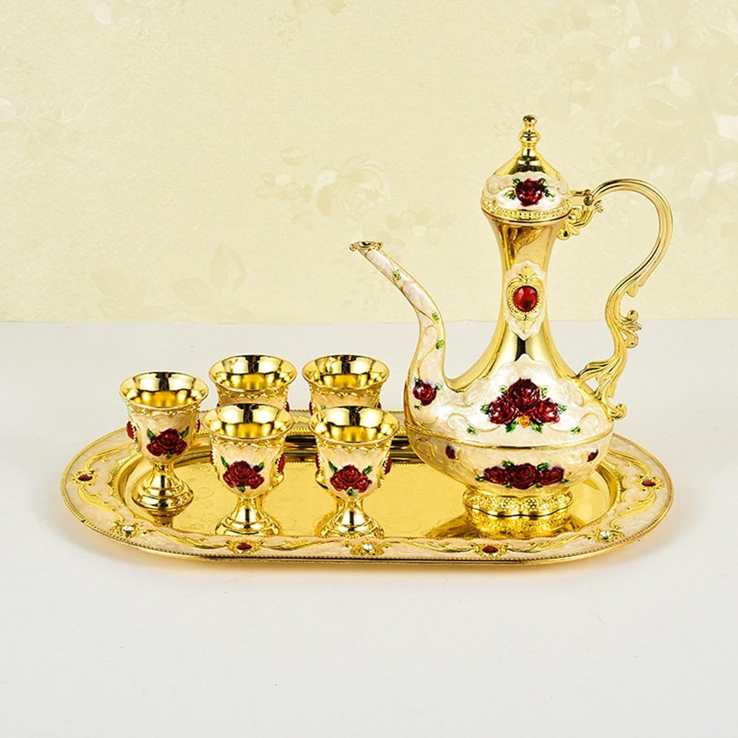 7点セット 酒器セット 合金製 徳利セット とっくり ぐい呑 セット バラ 花柄 エレガント おしゃれ お洒落 徳利*1 盃*5 トレイ*1 持ち手付き 蓋付き レトロな酒器セット 結婚祝い プレゼン