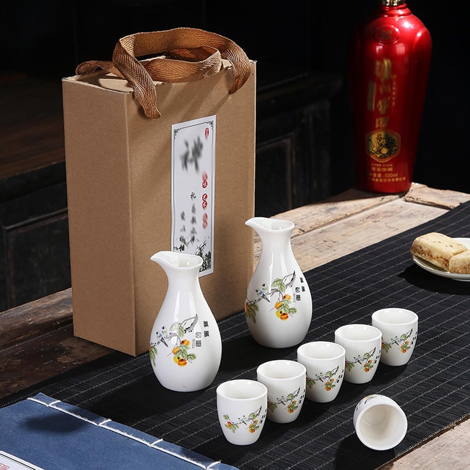 酒器セット 徳利 とっくり ぐい呑み おちょこ セット 柿柄 竹柄 植物 お洒落 おしゃれ 酒盃 酒水差し 和酒徳利セット 日本酒用 8点セット 陶磁器 正月 花見 冷酒 家庭用 父の日 プレゼント