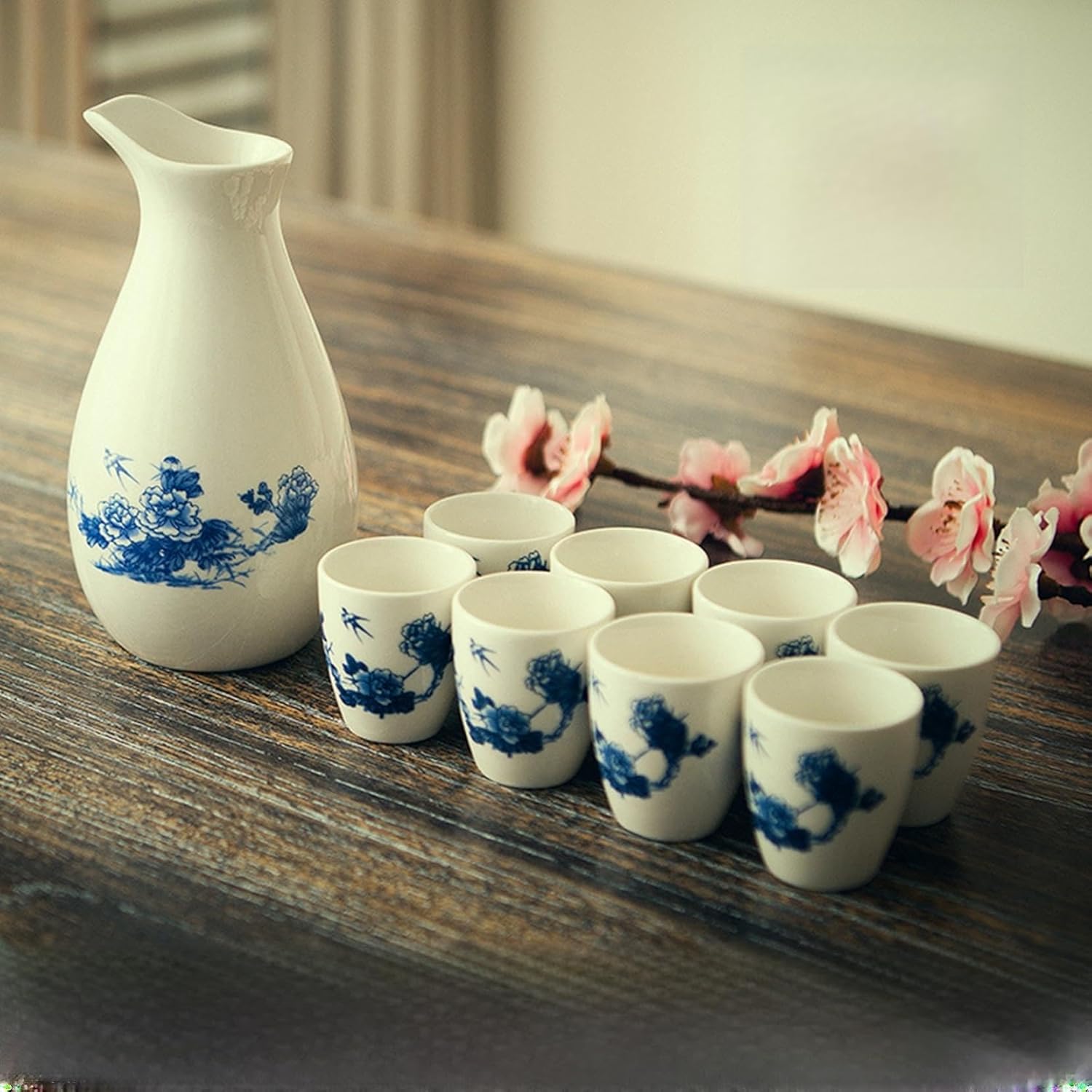 酒器 おちょこ 酒盃 徳利1個 ぐい呑み8個セット 250ml とっくり セット 手作り 花柄 冷酒杯 ボトル お猪口 トレイ 陶器製 9点セット 還暦祝い 父の日 居酒屋 冷酒 焼酎 清酒 花見 誕