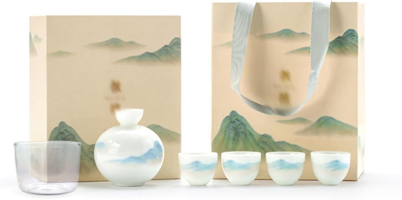 酒器セット 陶器 徳利 とっくり おちょこ ぐい呑 山水柄 日本酒用 エレガント 上品 温酒用 酒器 お猪口 ボトル セット 冷酒 正月 新年 家庭用 業務用 お父さん 母の日 贈答品 誕生日の贈り物