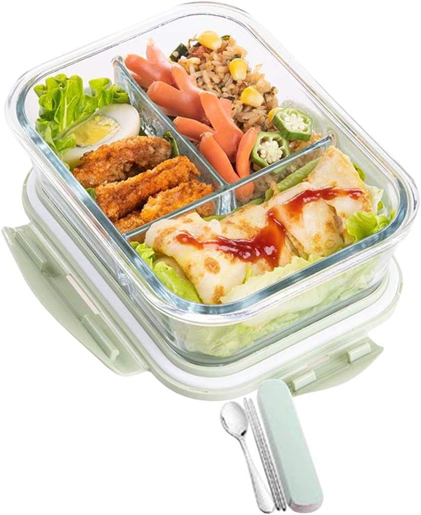弁当箱 耐熱ガラス ポータブル スプーン付き 長方形 透明 2つ仕切り 3つ仕切り 1040ML 大容量 お弁当箱 耐熱耐冷 食器洗い機可 オーブン可 冷凍可 電子レンジ対応 ランチボックス 手提袋を