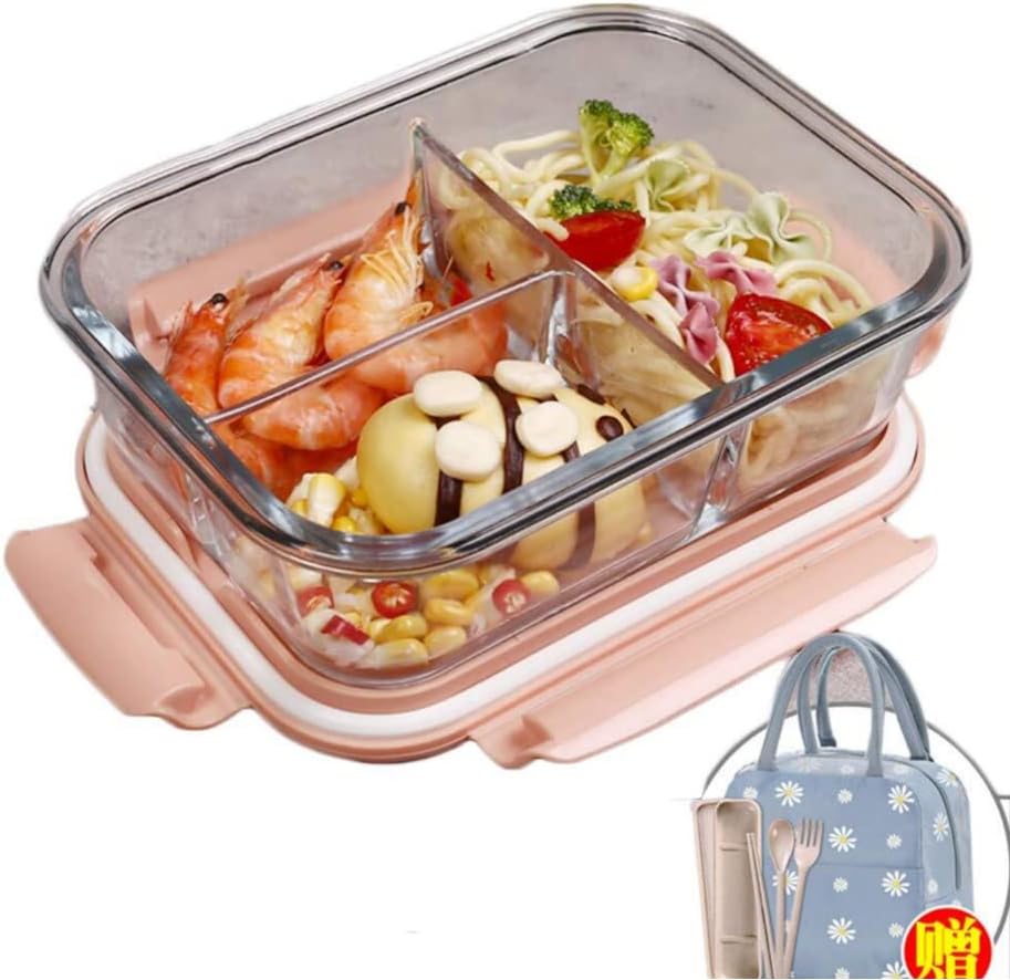 ガラス弁当箱 耐熱ガラス お弁当箱 ポータブル お弁当袋付き 食器付き 保存容器 1040ML 大容量 ランチボックス 耐熱耐冷 電子レンジ対応 よく気密性 漏れ防止 通勤 通学 高校生 しんりょく3