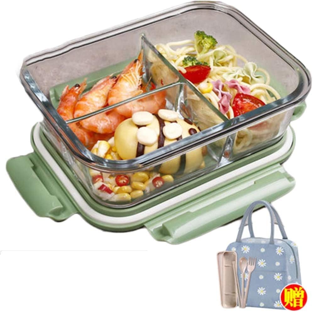 ガラス弁当箱耐熱ガラスお弁当箱ポータブルお弁当袋付き食器付き保存容器1040ML大容量ランチボックス耐熱耐冷電子レンジ対応よく気密性漏れ防止通勤通学高校生しんりょく3つ仕切り(グリーン 3つ仕切り)