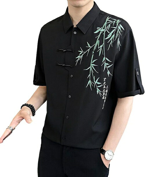 カジュアルシャツ メンズ 半袖 竹柄刺繍飾り シャツジャケット 折り襟 リラックス シンプル 春夏秋 薄手 日焼け止め 軽量 速乾吸汗 通気性いい コーディネート デイリー 旅行 オシャレ｜Libre777