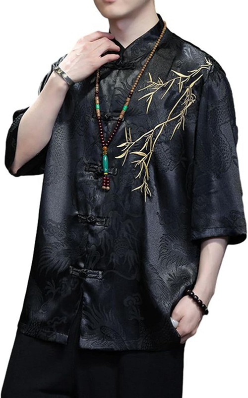中華シャツ 武術服 メンズ 半袖 唐装 刺繍飾り 龍柄 チャイナボタン 夏服 春 秋服 快適な 軽量 速乾 肌触りがいい ゆったり 着回し 太極拳 武術公演 練習用 スポーツ 撮影 トレンド 中国風