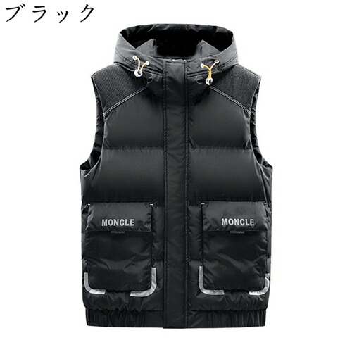 オーバーサイズ 中綿ベスト 防寒ベスト メンズ 秋冬 綿 あったか 厚手 ダウンベスト 男性 ノースリーブ フード ファスナー ポケット パファーベスト 作業着 アウトドア バイカラー カジュアル 英字柄 かっこいい