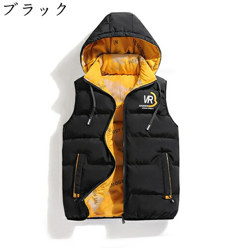 リバーシブル 中綿ベスト 防寒ベスト メンズ 秋冬 綿 あったか 厚手 ダウンベスト 男性 フード 着脱可 ノースリーブ ファスナー ポケット 大きいサイズ パファーベスト ハイキング 部屋着 英字柄 おしゃれ 欧米風