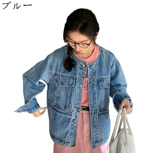 春秋 デニムジャケット レディース 丸首 薄手 防風 ショート丈 ベーシック 着回し 通学 通勤 お出かけ コーデ万能 ファッション 韓国 きれいめ 優しい 着痩せ フリーサイズ ブルー Gジャン ジージャン