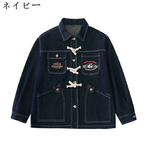 デニムジャケット レディース Gジャン 春秋 防風 着回し 着痩せ おしゃれ ボタン 日系 古着風 可愛い 刺繍 熊柄 ヴィンテージ お出かけ 通学 通勤 ジージャン アウター ネイビー