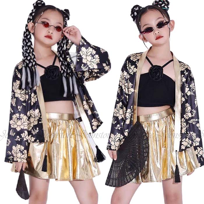 女の子ジャズダンス衣装 キッズ ジャズダンス ヒップホップ ダンス衣装 長袖トップス へそ出し チューブトップ スカート チャイナ風 ダンス衣装 女の子 カッコいい ダンス 服 モデルショー衣装 舞台 ステージ衣装 団体 演出服 Hiphop k-pop jazz 発表会 応援団 公演服