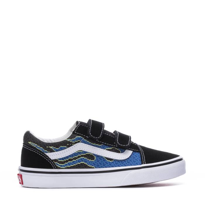 ヴァンズ Vans 【 Old Skool V Kids Pixel Flame Blk/Blue 】 ジュニア キッズ 青色 ブルー
