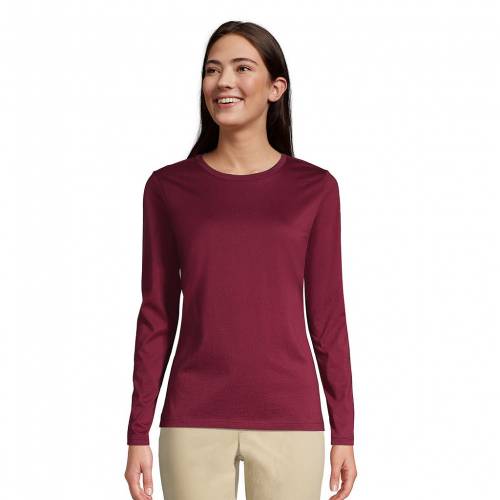 ファッションブランド カジュアル ファッション Lands End 小さめ スリーブ Tシャツ ワイン色 バーガンディー Lands 長袖 Sleeve End Petite Relaxedfit Supima Cotton Crewneck Tee Rich Burgundy レディースファッション