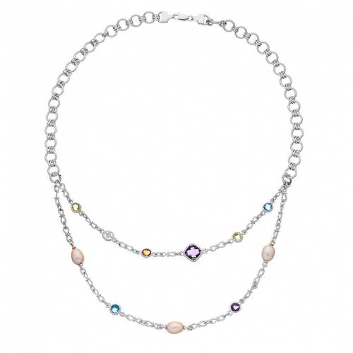 銀色 シルバー パール ダイヤモンド ネックレス & 【 UNBRANDED STERLING SILVER GEMSTONE, FRESHWATER CULTURED PEARL DIAMOND ACCENT DOUBLE STRAND NECKLACE / 】 ジュエリー アクセサリー レディースジュエリー ペンダン