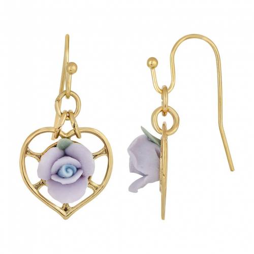 ローズ イヤリング 紫 パープル 【 1928 14K GOLD-DIPPED HEART AND PORCELAIN ROSE EARRINGS / PURPLE 】 ジュエリー アクセサリー レディースジュエリー