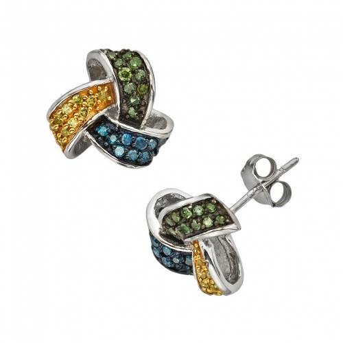 銀色 シルバー 黄色 イエロー 緑 グリーン 青色 ブルー ダイヤモンド イヤリング 2CT. T.W. 【 JEWELEXCESS STERLING SILVER 1/2-CT. YELLOW, GREEN AND BLUE DIAMOND KNOT STUD EARRINGS / MULTI 】 ジュエリー アクセサリー|スニケス