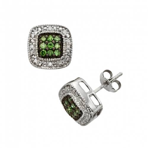 銀色 シルバー 緑 グリーン 白色 ホワイト ダイヤモンド イヤリング 3CT. T.W. 【 JEWELEXCESS STERLING SILVER 1/3-CT. GREEN AND WHITE DIAMOND SQUARE HALO STUD EARRINGS / 】 ジュエリー アクセサリー レディースジュ