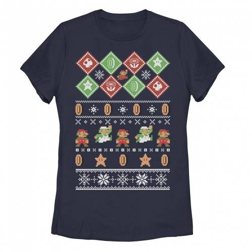 キャラクター ニット トレーナー グラフィック Tシャツ 紺色 ネイビー BROS. 【 LICENSED CHARACTER NINTENDO SUPER MARIO PIXELATED KNIT STYLE SWEATER GRAPHIC TEE / NAVY 】 キッズ ベビー マタニティ トップス カット｜スニケス