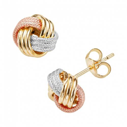 青色 ブルー ゴールド イヤリング 【 UNBRANDED JORDAN BLUE 14K GOLD TRI-TONE TEXTURED LOVE KNOT STUD EARRINGS / 14K RSE WH YLW GOLD 】 ジュエリー アクセサリー レディースジュエリー