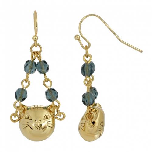 ゴールド 青色 ブルー イヤリング & 【 1928 GOLD TONE CAT FACE BLUE BEADED CHAIN DROP EARRINGS / 】 ジュエリー アクセサリー レディースジュエリー