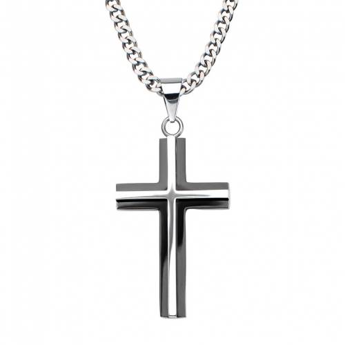 メンズ 黒色 ブラック ステンレス 銀色 スチール ネックレス 【 MENS FASHION BLACK PLATED STAINLESS STEEL CROSS PENDANT NECKLACE / TWO TONE 】 ジュエリー アクセサリー メンズジュエリー ペンダント|スニケス