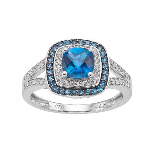 銀色 シルバー 青色 ブルー 白色 ホワイト & 【 STERLING SILVER BLUE TOPAZ LAB-CREATED WHITE SAPPHIRE SQUARE HALO RING / 】 ジュエリー アクセサリー レディースジュエリー 指輪 リング