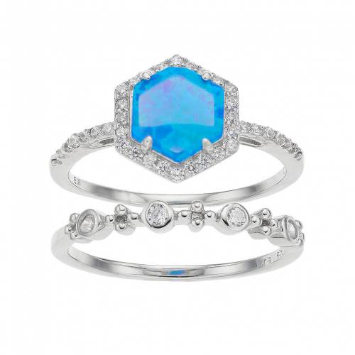 銀色 シルバー 青色 ブルー & 【 UNBRANDED STERLING SILVER LAB-CREATED BLUE OPAL CUBIC ZIRCONIA HALO HEXAGON RING SET / 】 ジュエリー アクセサリー レディースジュエリー 指輪 リング