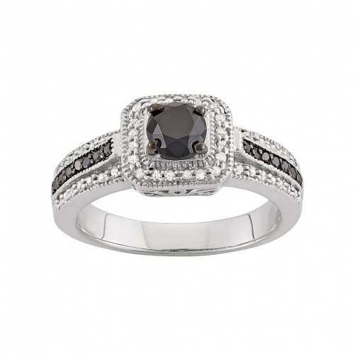 黒色 ブラック 白色 ホワイト ダイヤモンド 銀色 シルバー T.W. & 【 JEWELEXCESS 1 CARAT BLACK WHITE DIAMOND STERLING SILVER SQUARE HALO RING / 】 ジュエリー アクセサリー レディースジュエリー 指輪 リング