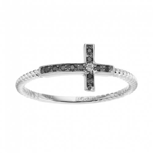 銀色 シルバー 黒色 ブラック 白色 ホワイト ダイヤモンド & 【 GEMMINDED STERLING SILVER BLACK WHITE DIAMOND ACCENT SIDEWAYS CROSS RING / 】 ジュエリー アクセサリー レディースジュエリー 指輪 リング