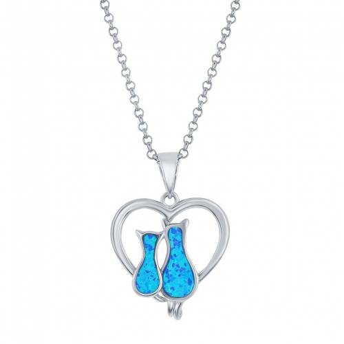 銀色 シルバー 青色 ブルー ネックレス 【 UNBRANDED STERLING SILVER LAB-CREATED BLUE OPAL CATS IN HEART NECKLACE / 】 ジュエリー アクセサリー レディースジュエリー ペンダント