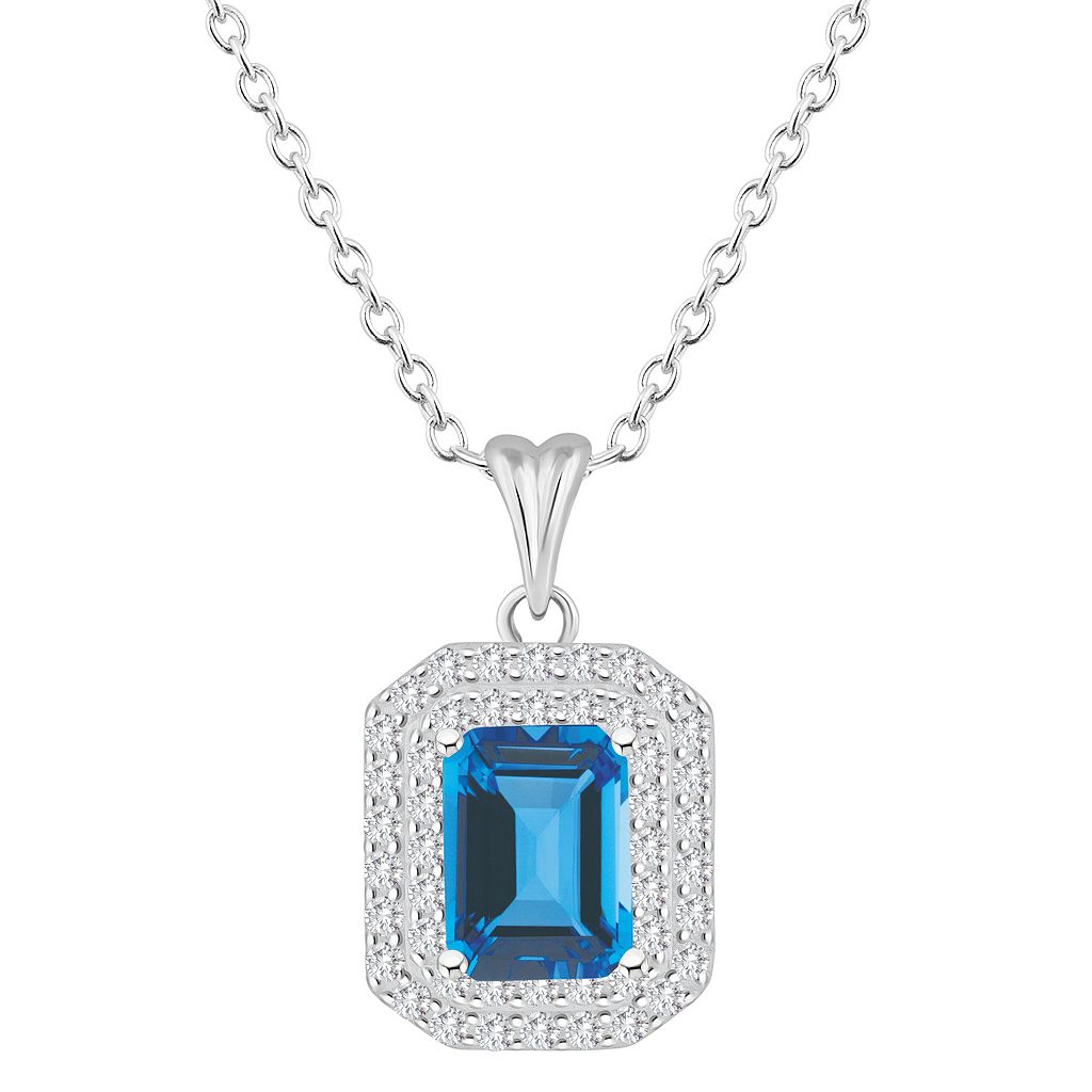 銀色 シルバー 青色 ブルー 白色 ホワイト ネックレス & 【 CELEBRATION GEMS STERLING SILVER EMERALD-CUT SWISS BLUE TOPAZ WHITE DOUBLE HALO PENDANT NECKLACE / STERLING SILVER 】 ジュエリー アクセサリー レディースジュ｜スニケス