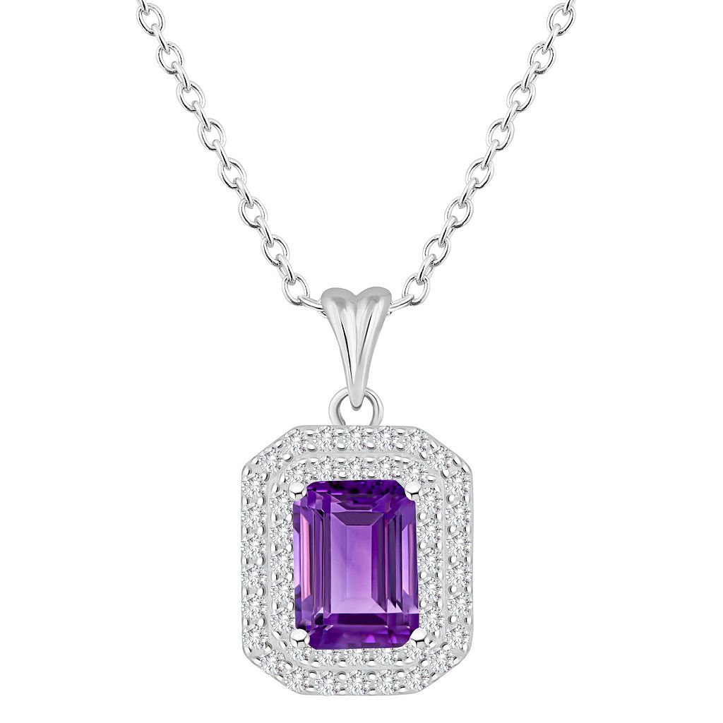 銀色 シルバー 白色 ホワイト ネックレス & 【 CELEBRATION GEMS STERLING SILVER EMERALD-CUT AMETHYST WHITE TOPAZ DOUBLE HALO PENDANT NECKLACE / STERLING SILVER 】 ジュエリー アクセサリー レディースジュエリー ペンダ
