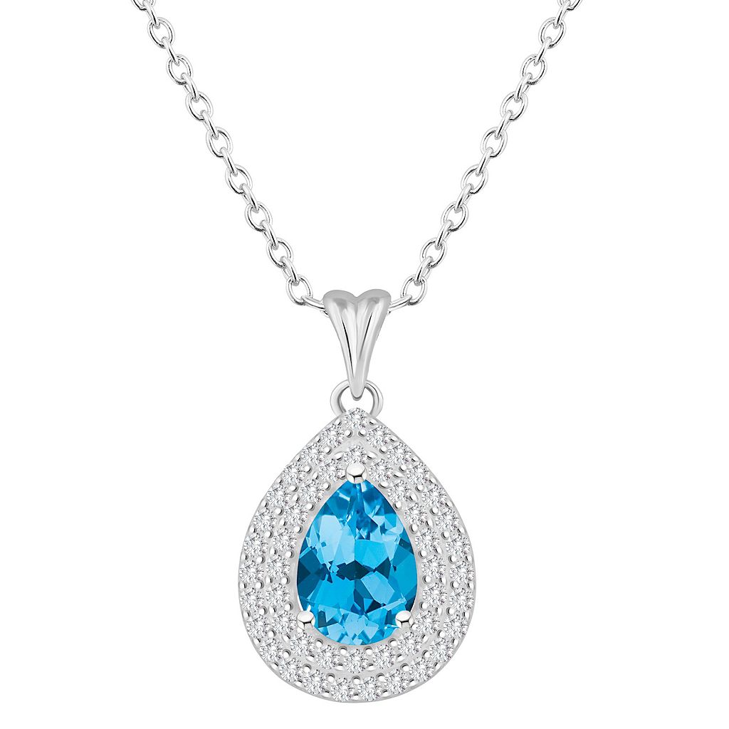 銀色 シルバー 青色 ブルー 白色 ホワイト ネックレス & 【 CELEBRATION GEMS STERLING SILVER TEARDROP SWISS BLUE TOPAZ WHITE DOUBLE HALO PENDANT NECKLACE / STERLING SILVER 】 ジュエリー アクセサリー レディースジュエ