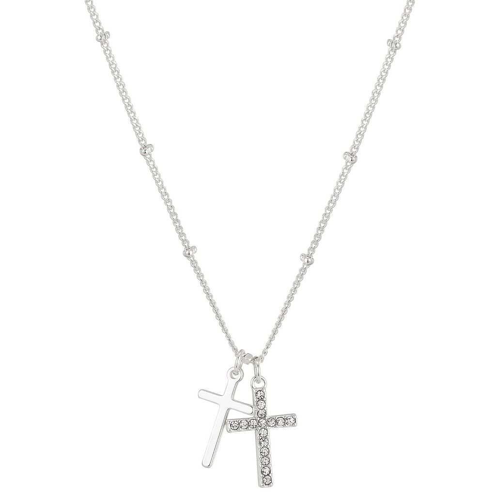 ネックレス 銀色 シルバー 【 BRILLIANCE PRECIOSA CRYSTAL DOUBLE CROSS BEADED NECKLACE / SILVER TONE 】 ジュエリー アクセサリー レディースジュエリー ペンダント