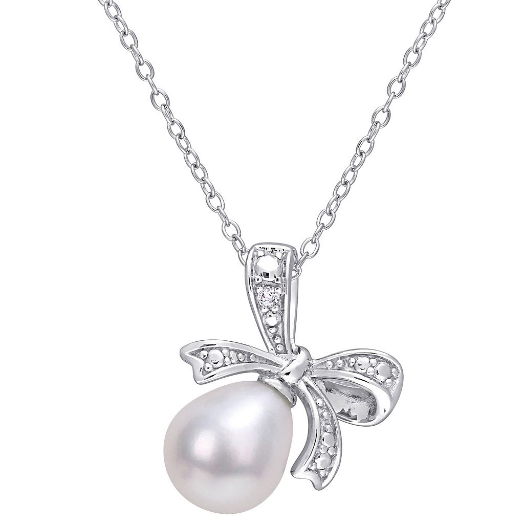 銀色 シルバー パール ダイヤモンド ネックレス & 【 STELLA GRACE STERLING SILVER FRESHWATER CULTURED PEARL DIAMOND ACCENT BOW NECKLACE / 】 ジュエリー アクセサリー レディースジュエリー ペンダント｜スニケス