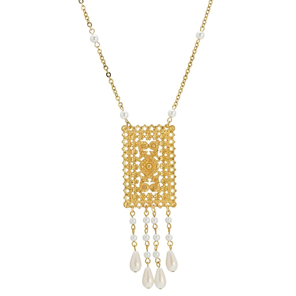 ゴールド パール ネックレス 白色 ホワイト 【 1928 GOLD TONE SIMULATED PEARL DROP RECTANGLE NECKLACE / WHITE 】 ジュエリー アクセサリー レディースジュエリー ペンダント|スニケス