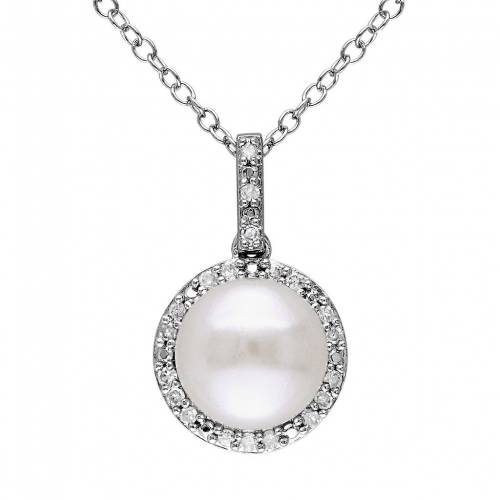 パール ダイヤモンド 銀色 シルバー ネックレス 白色 ホワイト & T.W. 【 STELLA GRACE FRESHWATER CULTURED PEARL 1/10 CARAT DIAMOND STERLING SILVER HALO PENDANT NECKLACE / WHITE 】 ジュエリー アクセサリー レディース 71,830円